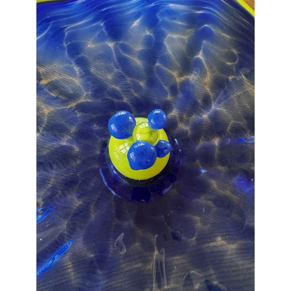 Hand Blown Art Glass Bowl Blue w Green Rim Prunt Center 12" Modern - Picture 8 of 10